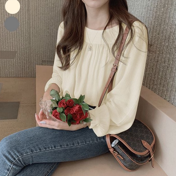 루즈핏 여성 스퀘어넥 블라우스 데일리 스퀘어넥 블라우스 가벼운 셔링 - 상품 이미지
