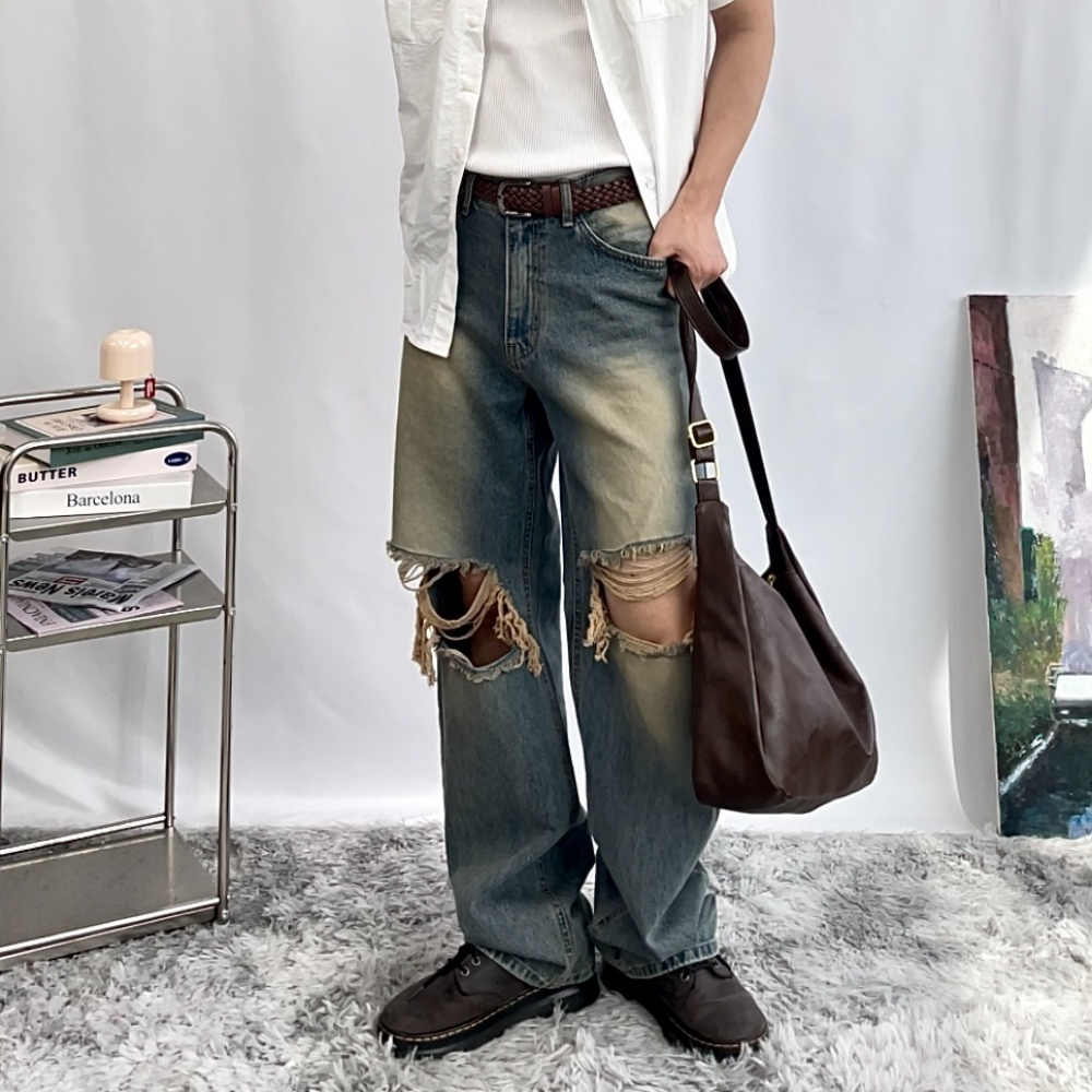 찢청바지 세미와이드 일자 남자 데님팬츠 찢어진 흑청바지 코디 이미지 3