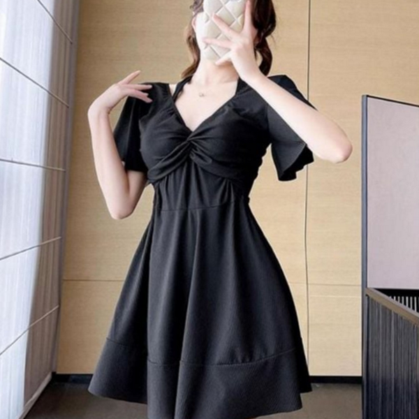 원피스형 여성 투피스 수영복 플레어 체형커버 수영복 오프숄더 셔링 비치 - 상품 이미지