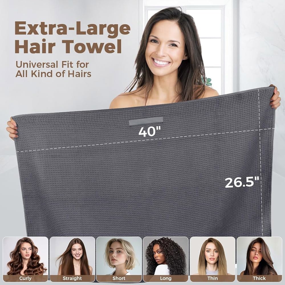 HOMEXCEL 2팩 대형 극세사 헤어 타월 와플 직조 - 길고 두꺼운 곱슬머리를 위한 40 x 26.5인치 고속 건조 터보 신축성 스트랩이 있는 안티 프리즈 랩, 블랙 / 그레이 - 상세 이미지 2