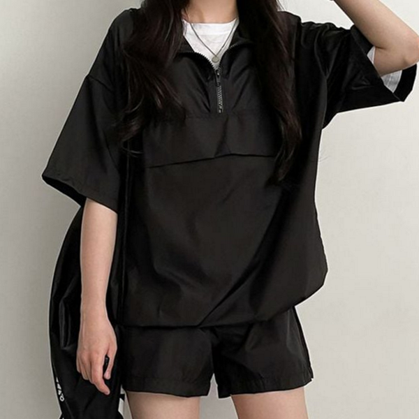 오버핏 여성 아노락 반팔 여성 반집업 상하의 트레이닝 - 상품 이미지