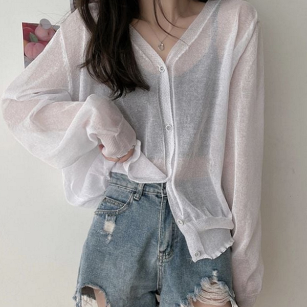 얇은 여성 여름 가디건 시스루 여성 브이넥 가디건 데일리 썸머 - 상품 이미지