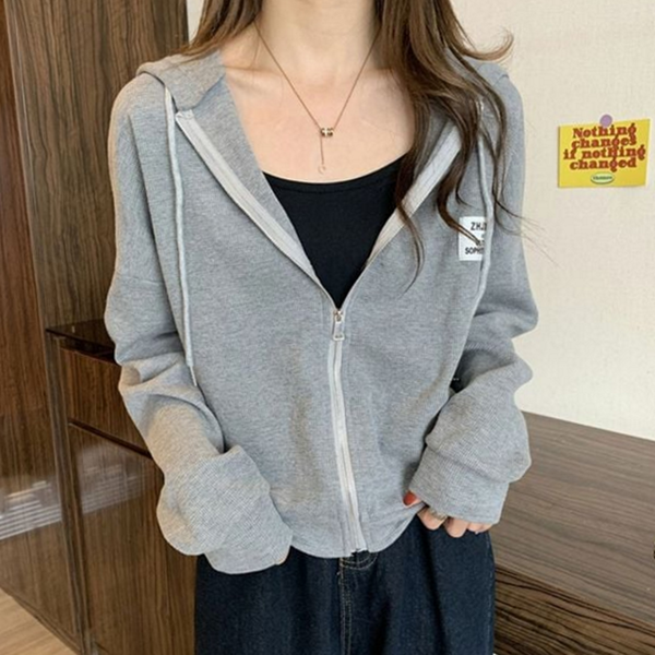 루즈핏 여성 와플 후드집업 데일리 와플 세미 크롭 후드집업 집업 - 상품 이미지