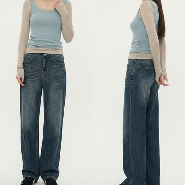 루즈핏 여성 데님 팬츠 와이드 여성 롱 데님 팬츠 청바지 - 상품 이미지