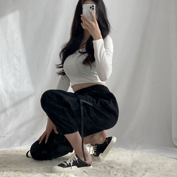 와이드 여성 카고 조거 팬츠 고무줄 카고 조거 팬츠 스트링 - 상품 이미지