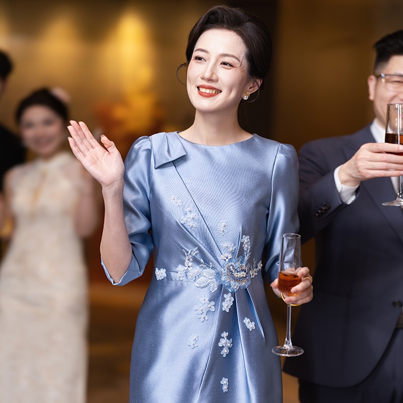 혼주양장 혼주예복 혼주드레스 V넥 칠부소매 슬림 일자핏 고급 실크 블렌드 비즈자수 - 상세 이미지 5