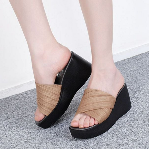 사무실 여성 통굽 슬리퍼 플랫폼 여성 7cm 슬리퍼 여름 주름 - 상품 이미지