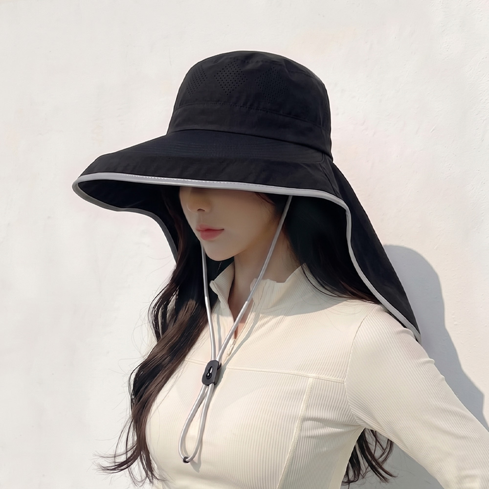 자외선 햇빛 차단 넥커버 썬캡 여름 물놀이 방수 모자 라인 배색 플랩캡 블랙, Free - 상품 이미지