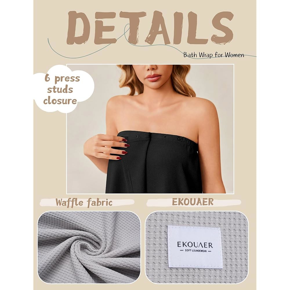 여성용 Ekouaer 와플 로브 목욕 랩 경량 샤워 2026 무릎 길이 스파 S-XL 조절 가능 Beige Small - 상세 이미지 2