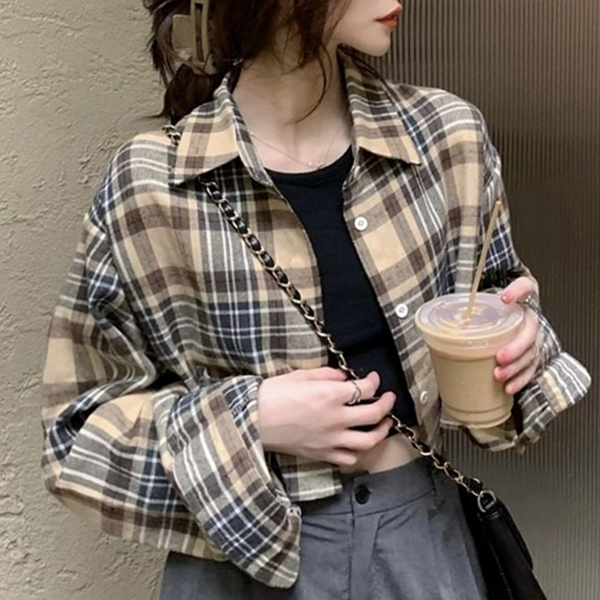루즈핏 여성 크롭 셔츠 데일리 체크 남방 캐주얼 코튼 가을 - 상품 이미지