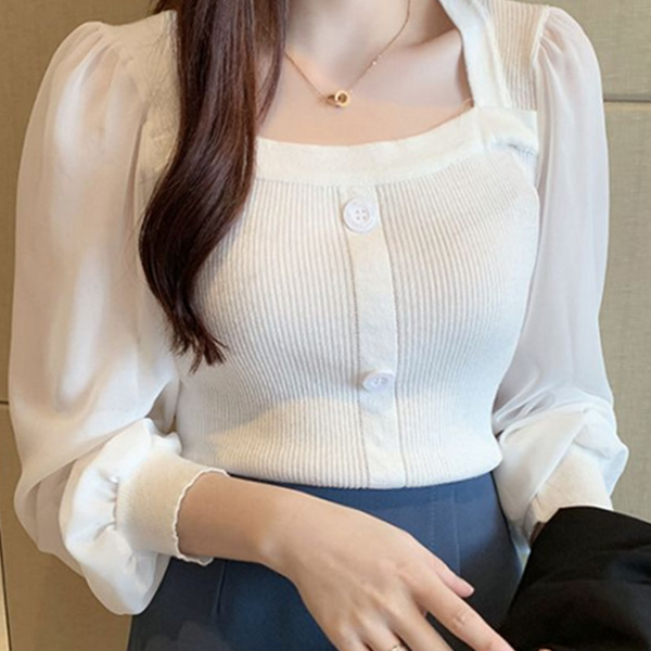 데일리 여성 스퀘어넥 블라우스 니트 여성 쉬폰 소매 블라우스 모던 - 상품 이미지