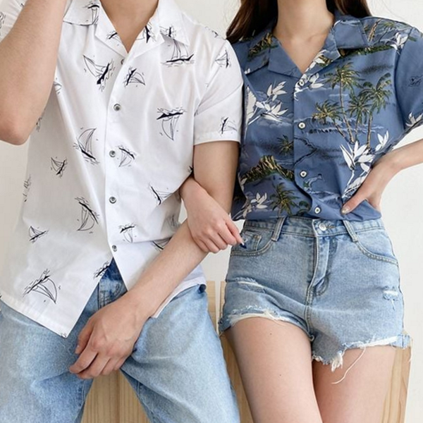 하와이안 커플 반팔 셔츠 오픈카라 남성 반팔 셔츠 야자수 - 상품 이미지