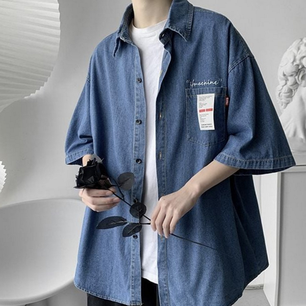 캐주얼 남성 데님 반팔 셔츠 여름 남성 오버핏 셔츠 남방 - 상품 이미지