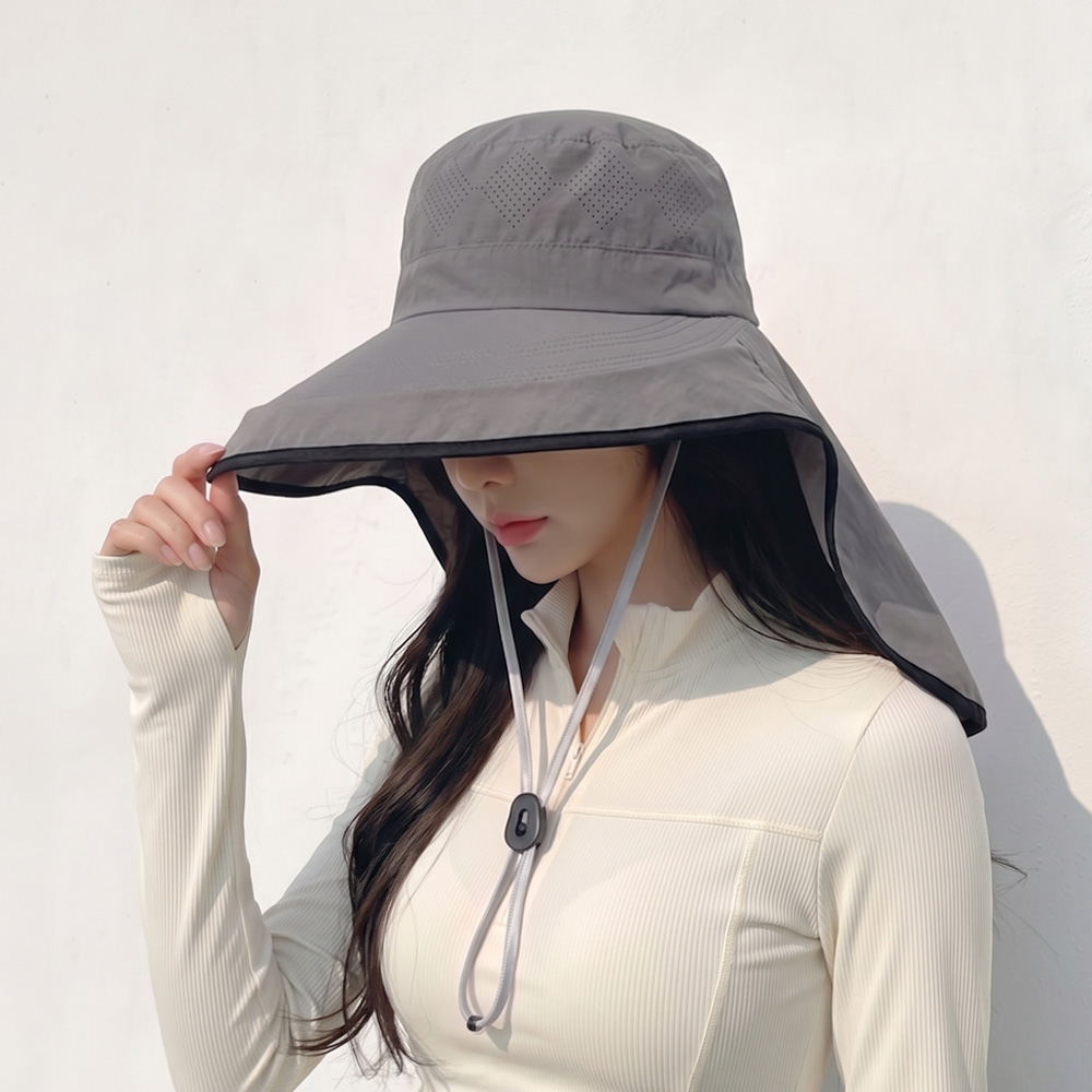 자외선 햇빛 차단 넥커버 썬캡 여름 물놀이 방수 모자 라인 배색 플랩캡 그레이, Free - 상품 이미지