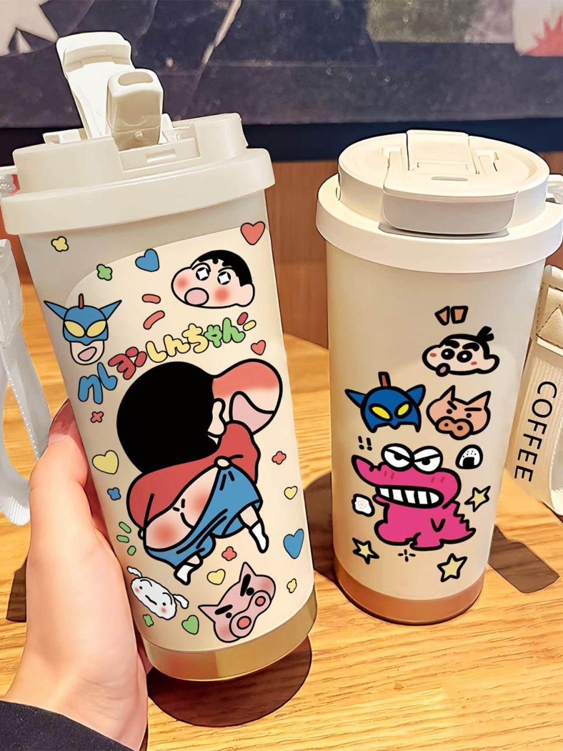 짱구 보온 물병 텀블러 빨대 포함 대용량 이중 뚜껑 휴대용 선물 물 음료 잔 패턴없음 - 상세 이미지 2