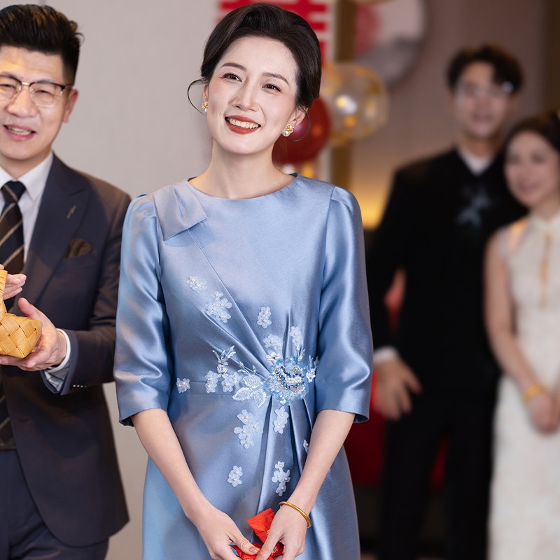 혼주양장 혼주예복 혼주드레스 V넥 칠부소매 슬림 일자핏 고급 실크 블렌드 비즈자수 - 상세 이미지 3