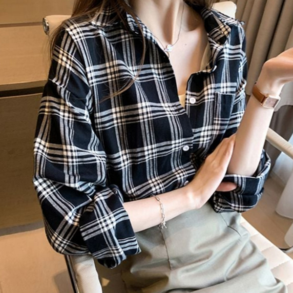 루즈핏 여성 체크 셔츠 캐주얼 여성 체크 남방 블라우스 데일리 - 상품 이미지