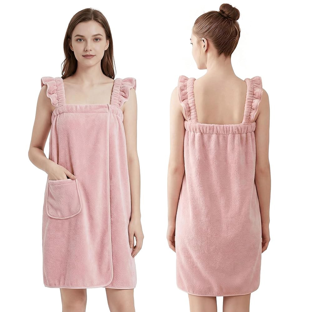 여성용 PJGZ 타월 랩 - 러플 스트랩 흡수성 및 퀵 드라이 목욕 가운, 샤워 스파용 경량 Light Pink Small-Medium - 상품 이미지