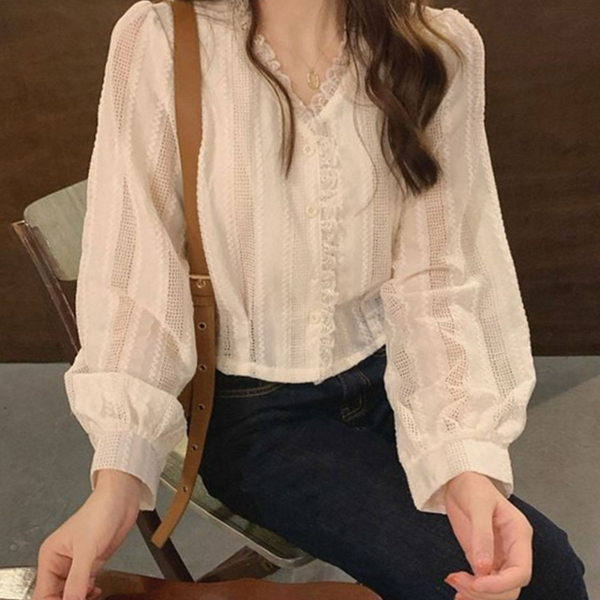 레이스 여성 블라우스 브이넥 여성 펀칭 블라우스 가을 - 상품 이미지