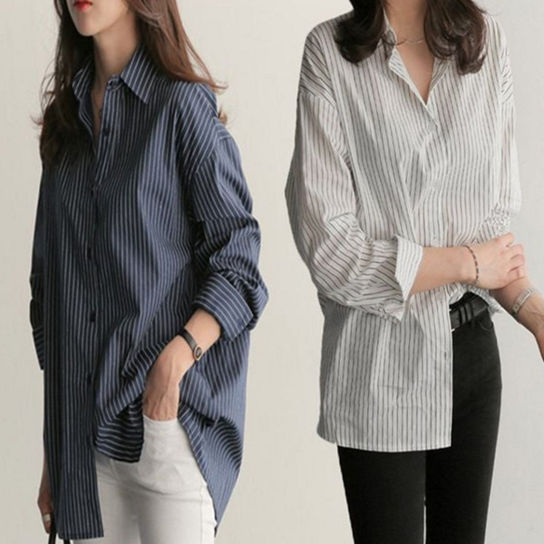 헨리넥 스트라이프 셔츠 단가라 여성 루즈핏 셔츠 데일리 오피스 - 상품 이미지