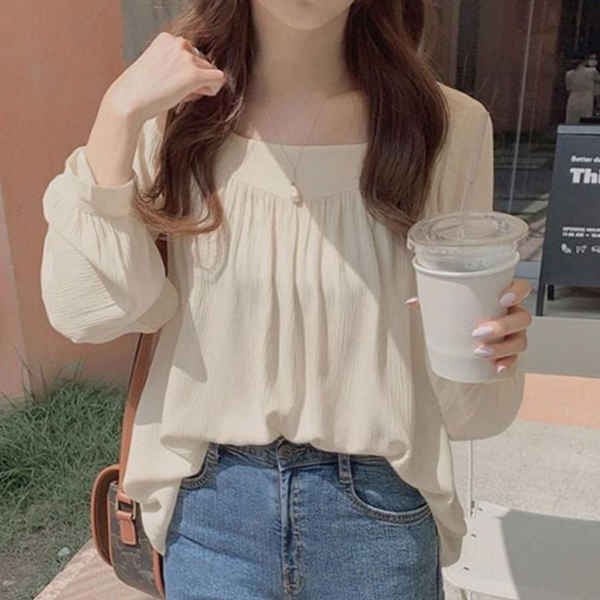 루즈핏 여성 쉬폰 블라우스 주름 쉬폰 스퀘어넥 블라우스 데이트 가을 - 상품 이미지