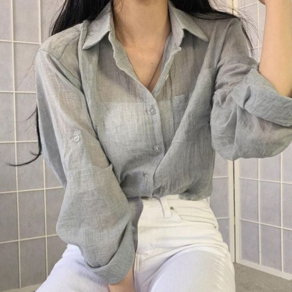 루즈핏 여성 긴 팔 셔츠 얇은 여름 셔츠 린넨 블라우스 - 상품 이미지
