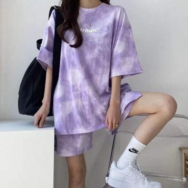 오버핏 여성 트레이닝복 물나염 여성 반팔 반바지 세트 폴리에스터 - 상품 이미지