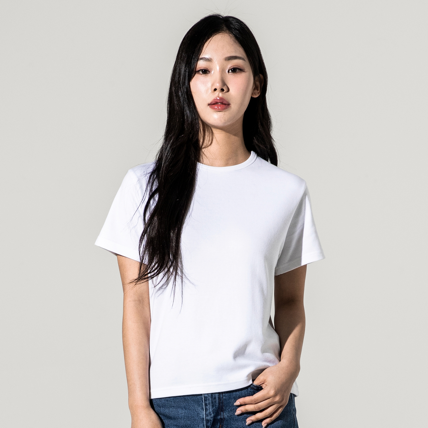 1+1 비침없는 여성 세미크롭 반팔티 티셔츠 여자 흰티 FWT001 이미지 3