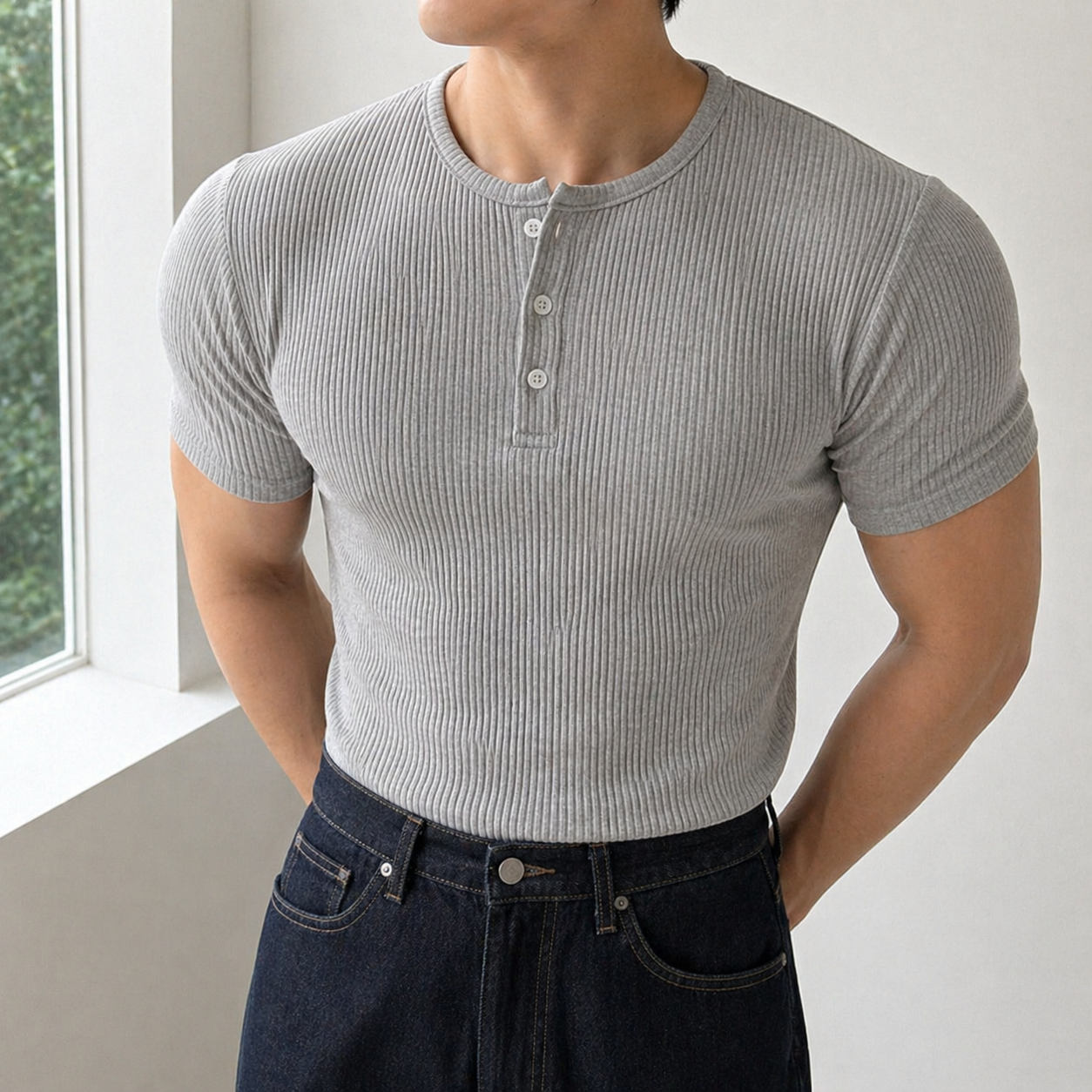 남성 헨리넥 반팔티 머슬핏 스판 티셔츠 - 상세 이미지 5