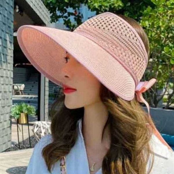 접이식 여성 썬 캡 밀짚 리본 썬 캡 와이드챙 휴양지 - 상품 이미지