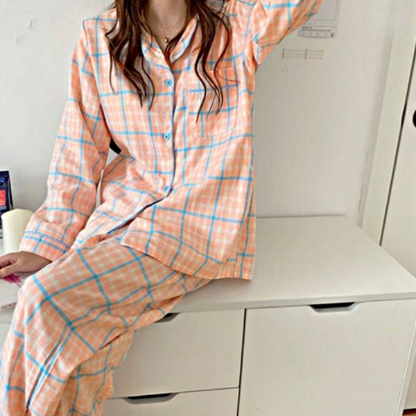 부드러운 체크 파자마 라운지 여성잠옷 상하 캐주얼 - 상품 이미지