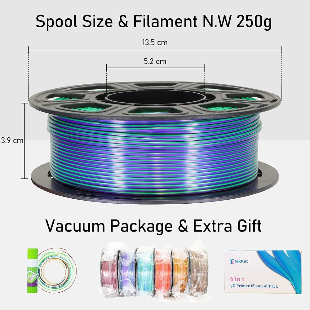 미카3D 6 스풀 바이컬러 듀얼 컬러 1.75mm 3D 프린터 필라멘트 번들, 프린팅 실크 PLA, 레드-골드 / 레드-블랙 블랙-오렌지 골드-구리 라임 그린-블루 그린-퍼플, - 상세 이미지 2
