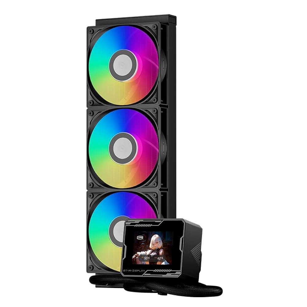 PCCOOLER 액체 CPU 쿨러 ARGB 디스플레이, 360mm AIO(2.8인치 LCD 화면 포함), 세라믹 베어링 펌프, 3 120mm PWM 팬, 알루미늄 라디에이터, 인텔 - 상품 이미지