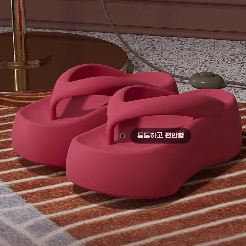 키높이슬리퍼 두꺼운 통굽 슬리퍼 푹신한 여름 여성 샌들 로즈 레드 225-230 - 상세 이미지 4