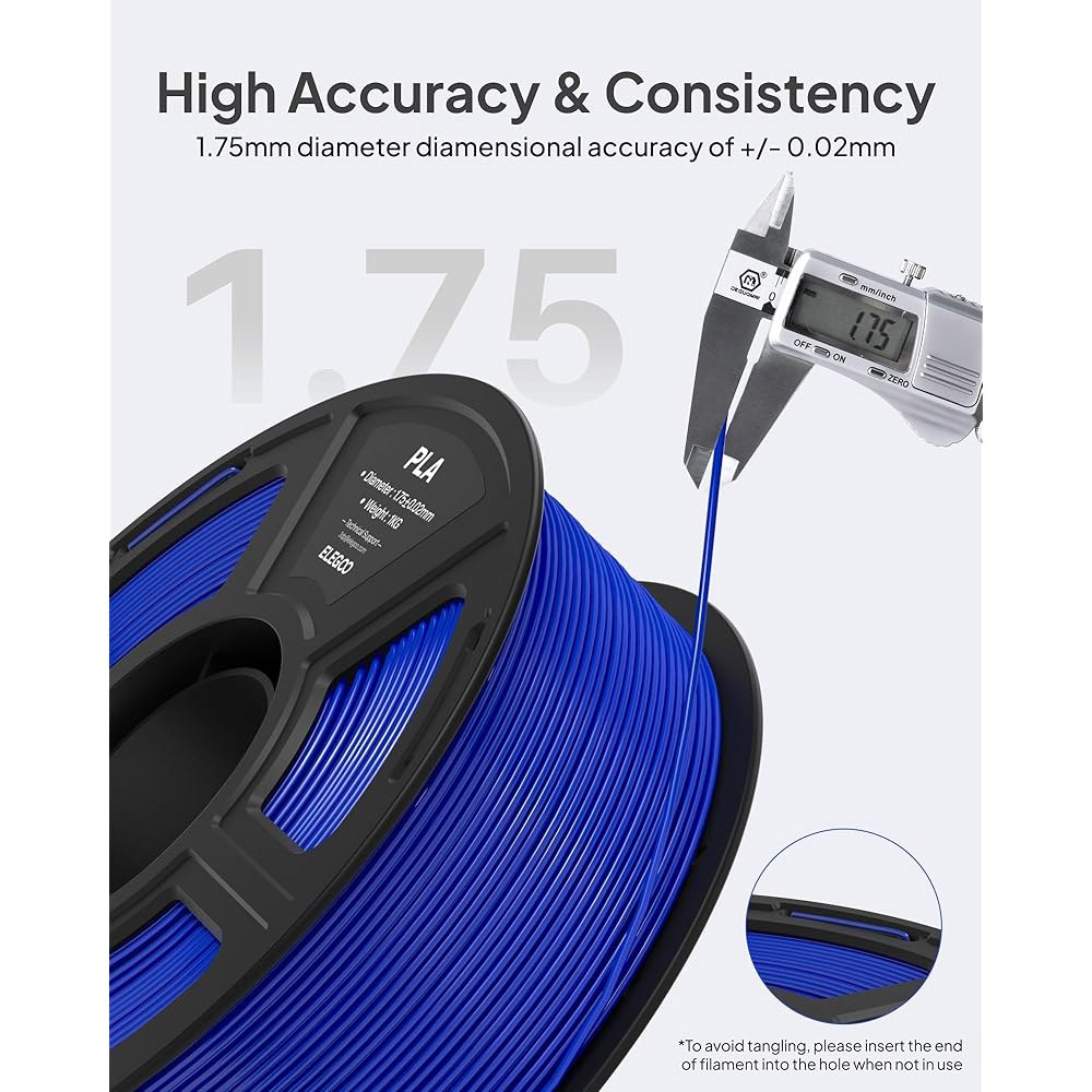 엘레구 플라 필라멘트 1.75mm 검정 1KG, 3D 프린터 치수 정확도 + /- 0.02mm, 1kg 스풀(2.2파운드) 대부분의 FDM 프린터에 맞습니다 1 Black - 상세 이미지 2