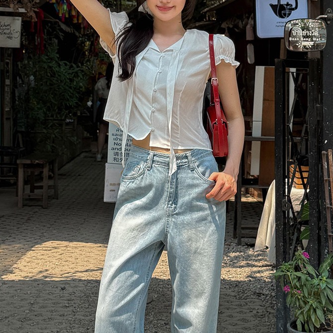 브이넥 퍼프 캡소매 타이 블라우스 이미지 7