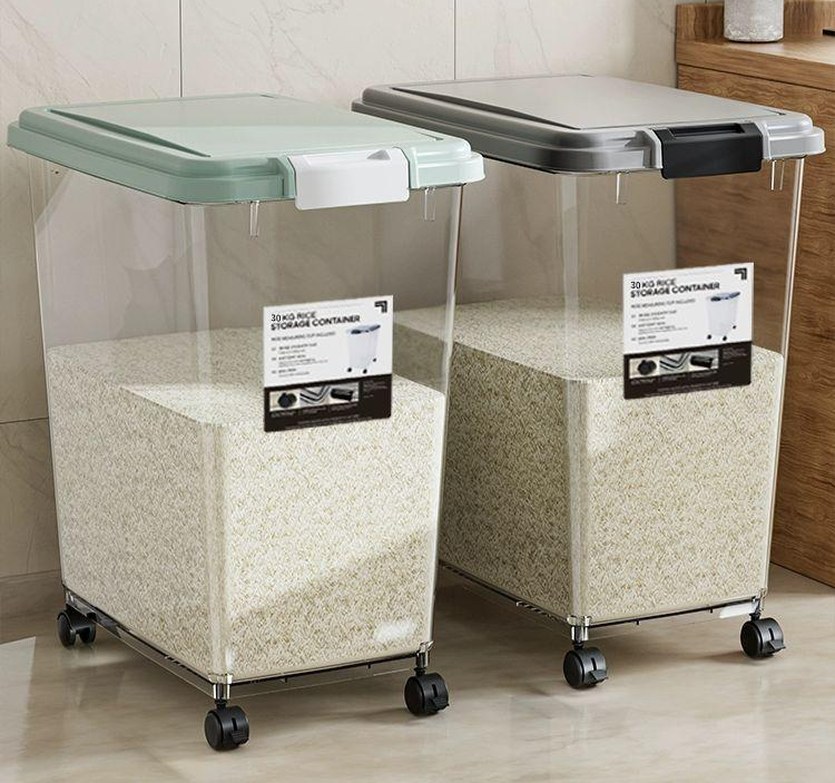 쌀통 20kg 용기 원터치 쌀 회색 있음 미락 공쌀통 계량컵 잡곡통 밀폐 도자기 벌레방지 - 상품 이미지