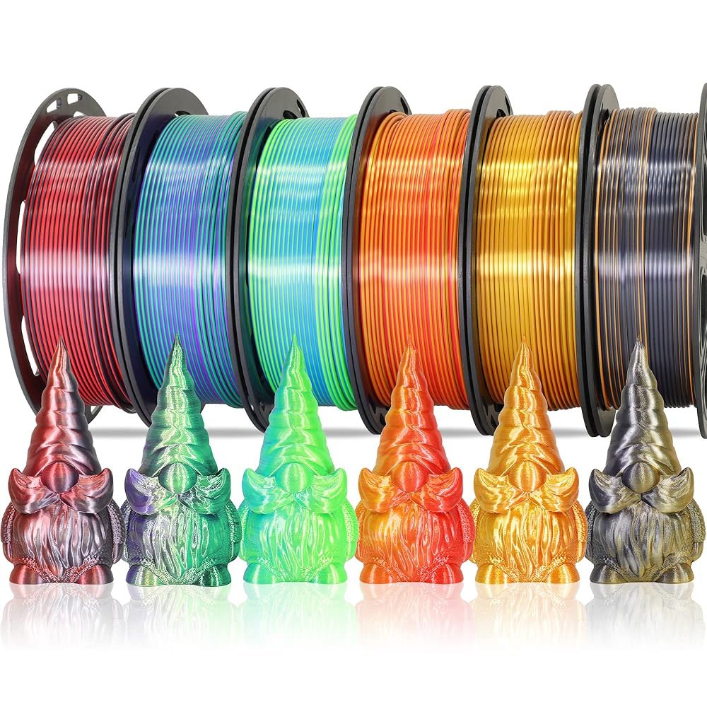 미카3D 6 스풀 바이컬러 듀얼 컬러 1.75mm 3D 프린터 필라멘트 번들, 프린팅 실크 PLA, 레드-골드 / 레드-블랙 블랙-오렌지 골드-구리 라임 그린-블루 그린-퍼플, - 상품 이미지