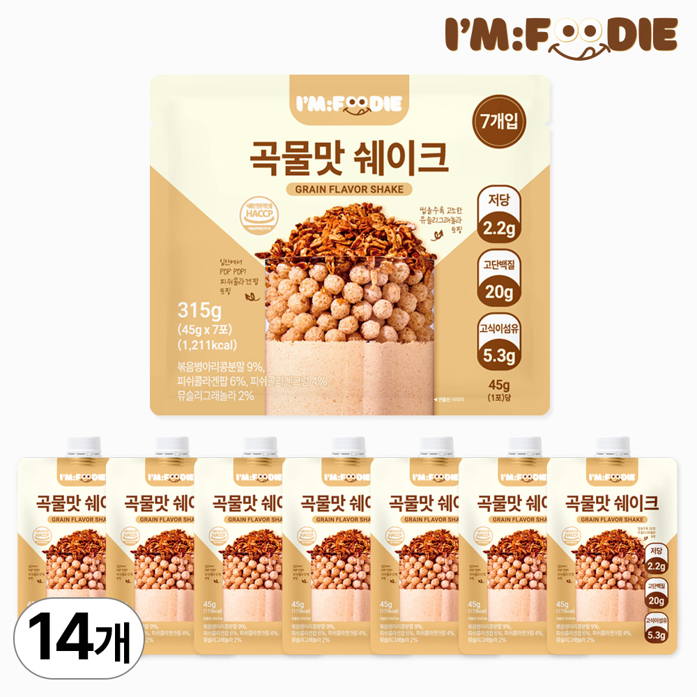 아임푸디 맛있는 단백질 쉐이크 파우치 고단백 저당 프로틴 단백질보충제 곡물맛, 45g, 14개 - 상품 이미지