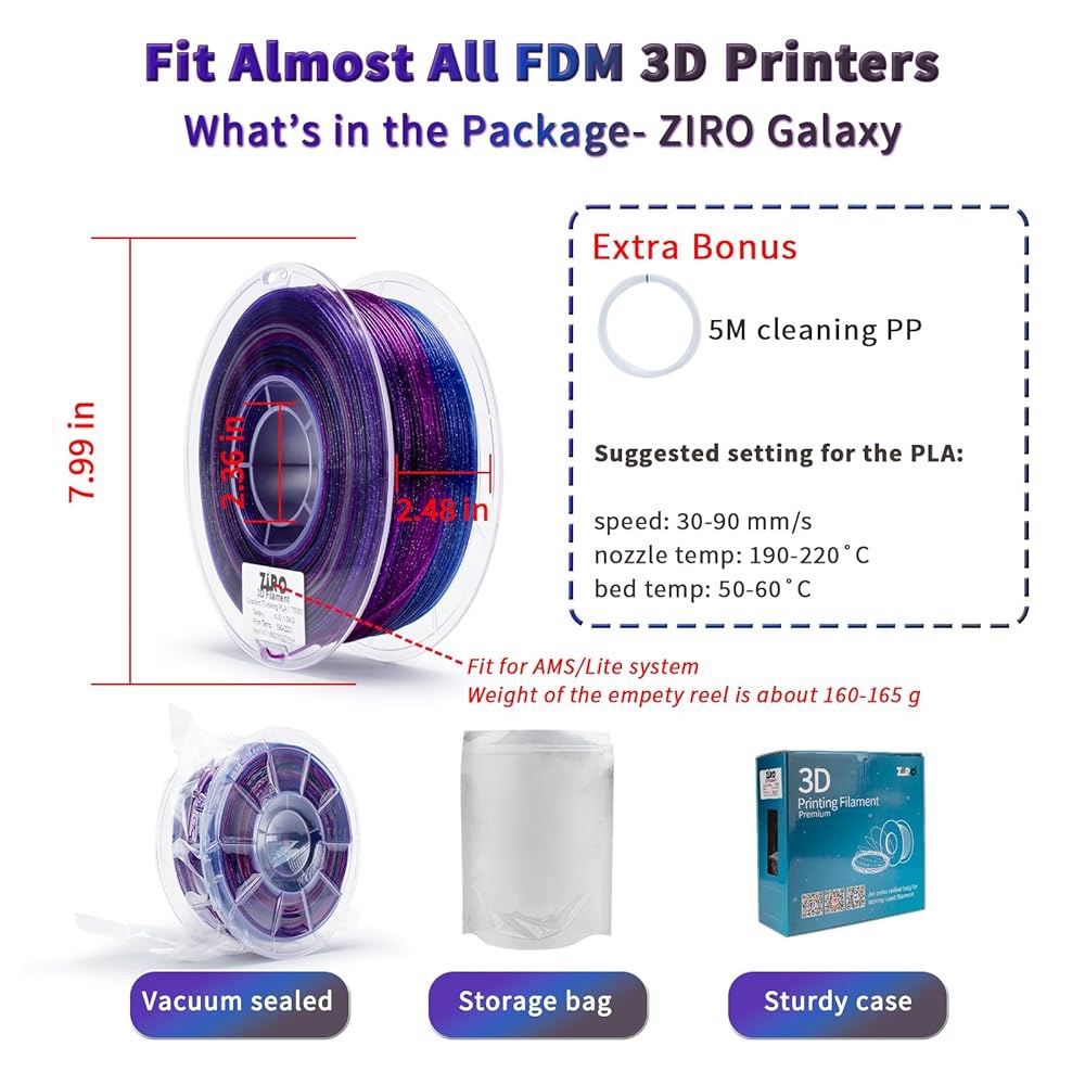 ZIRO 빠른 색상 변경 반짝이는 PLA, 1.75mm 필라멘트, 화려한 트랜지언트 PLA가 있는 반짝임, 3D 프린팅 재료, 1kg 스풀, 치수 정확도 + /-0.03mm, 갤럭 - 상세 이미지 2