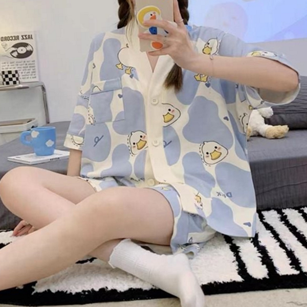 루즈핏 반팔 잠옷 라운지 여성 잠옷 반바지 여름 - 상품 이미지
