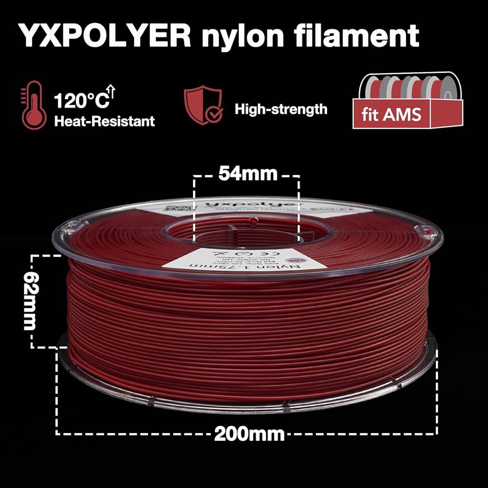 YXPOYER 나일론 필라멘트 빨간색 PA6 1kg 3D 프린터 필라멘트, 내열성 AMS 호환 스풀, 프린팅 고속 이지 PA 1.75mm 500g PA6-CF - 상세 이미지 3