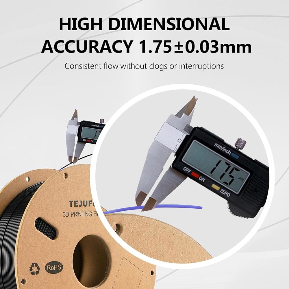 TEJUFUSE PLA 3D 프린터 필라멘트 1.75mm 검은색 1kg, 0.03mm 정확한 직경, 부드러운 공급을 위해 깔끔하게 감겨 있음, 긴 인쇄물에 신뢰할 수 진공 밀봉, - 상세 이미지 3