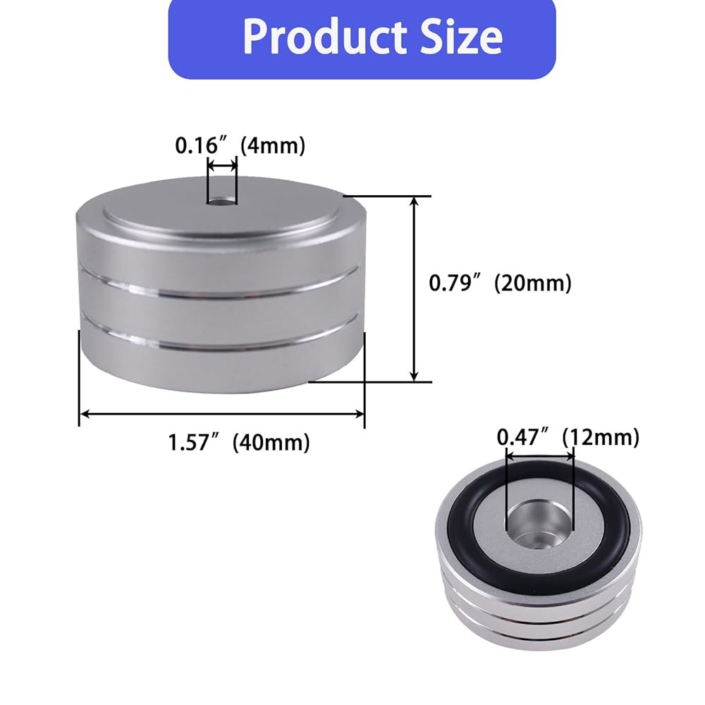 Nihfien 4세트 스피커 아이솔레이션 피트, 40x20MM 알루미늄 오디오 쇼크 업소버 피트 아이솔레이터 패드, 오디오용 미끄럼 방지 바닥 보호대, 서브우퍼 홈 시어터 턴테이블 - 상세 이미지 2