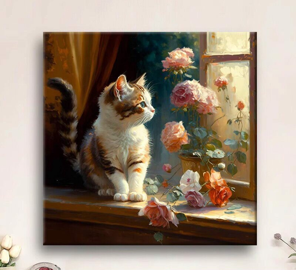 감성 고양이 유화풍 그림 거실 인테리어 그림 벽걸이 장식화 포스터 침실 북유럽 E 30x30cm 책상 장식 2.5cm 알루미늄 검정 프레임 - 상품 이미지