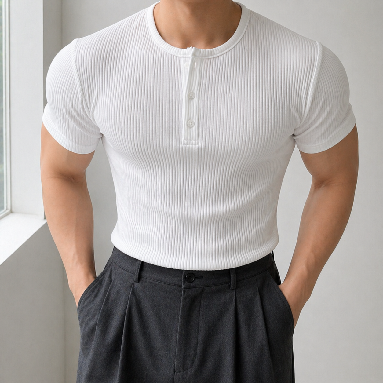 남성 헨리넥 반팔티 머슬핏 스판 티셔츠 - 상품 이미지