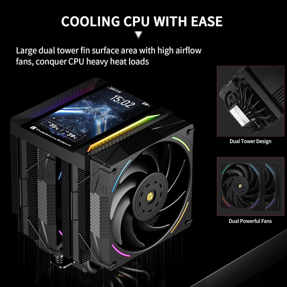 써멀라이트 피어리스 어쌔신 120 비전 MAX AGB 블랙 CPU 에어 쿨러, 트윈 타워 라디에이터 2150RPM, 480x854 해상도 파워 IPS 화면, 5 u2019 u201 - 상세 이미지 2