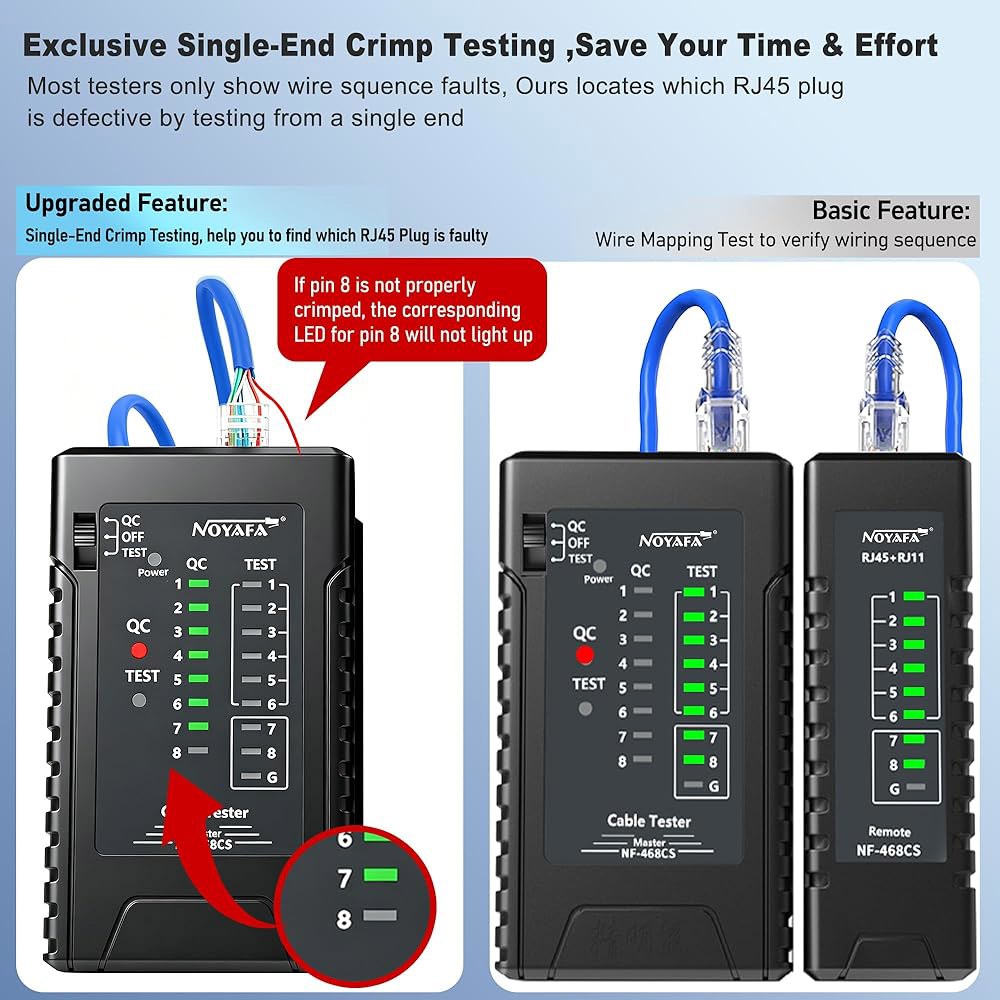 네트워크 케이블 테스터는 RJ11 /CAT5 /CAT5E /CAT6E /CAT6A /CAT7 /Lan /폰 연속성 테스트, 충전식 배터리가 장착된 이더넷 크림핑 도구 키트의 단일 - 상세 이미지 3