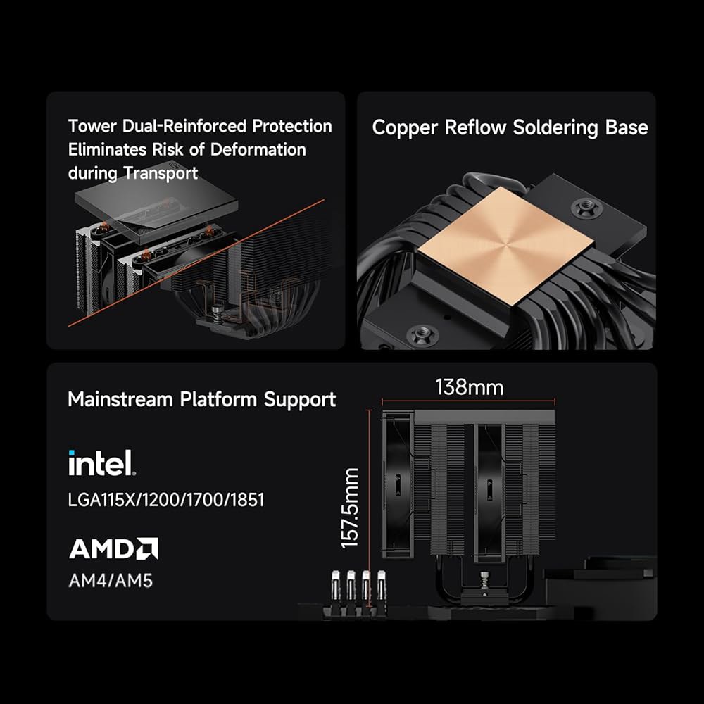 PCCOOLER CPU 에어쿨러 듀얼 타워, 7 6mm 히트파이프, 120mm 유압 PWM 팬, 변형 방지 브래킷, 웨이비 핀 스택, 구리 리플로우 베이스, 인텔 LGA1851/1 - 상세 이미지 3