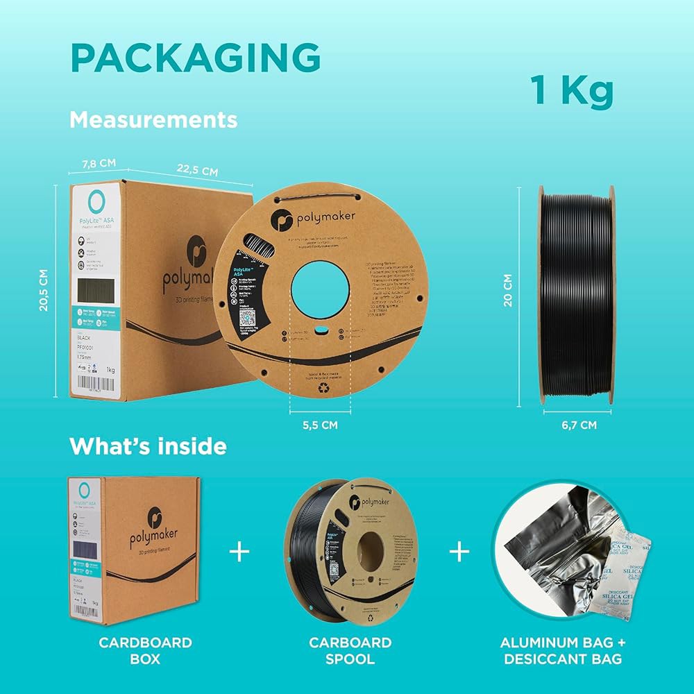 폴리메이커 ASA 필라멘트 1.75mm 블랙, 1kg 3D 프린팅 필라멘트, 내열성 및 내후성 - 야외 기능 부품 인쇄에 완벽한 프린터 - 상세 이미지 2